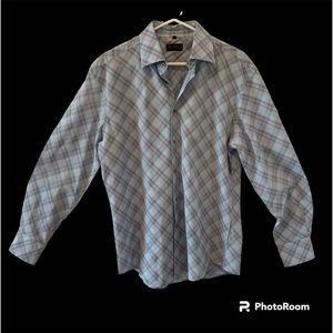 Ben Sherman men’s long sleeve shirt, size 3/L.  Gray with black/res plaid design